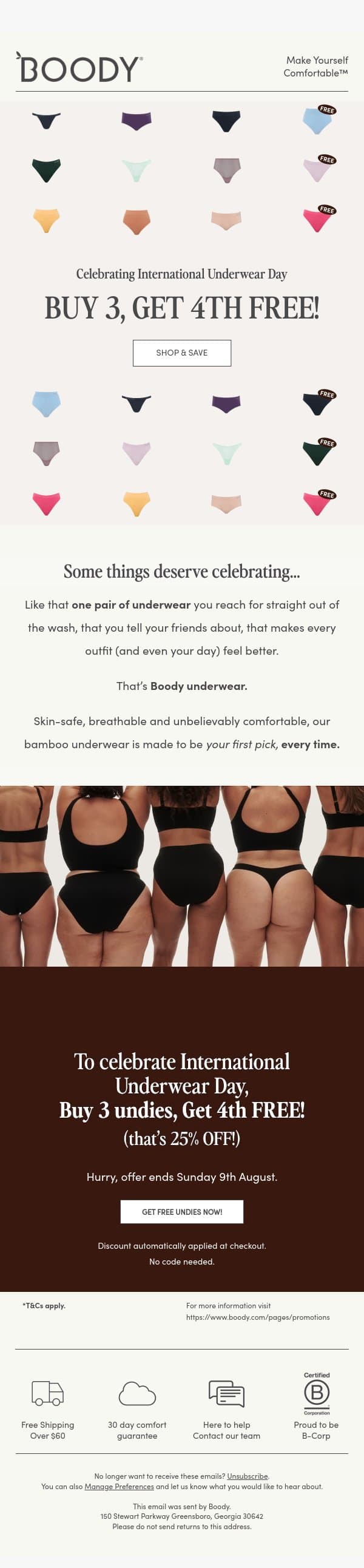 Buy 3, Get 4th Free 🩲🤍 Happy International Underwear Day email from Boody screenshot