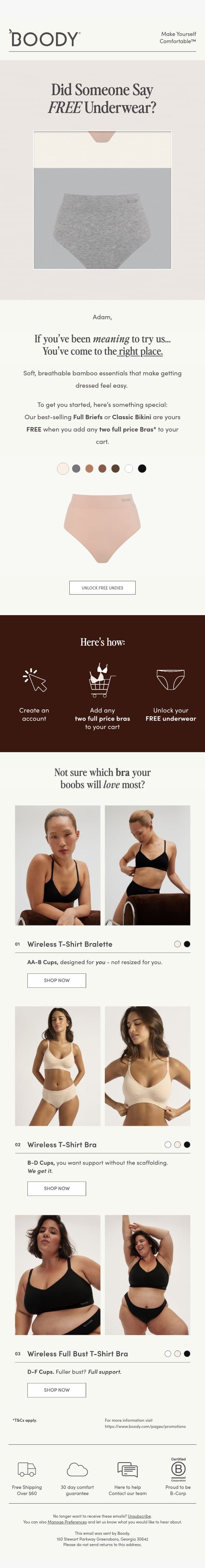 Adam, You Are 2 Bras Away From FREE Undies email from Boody screenshot