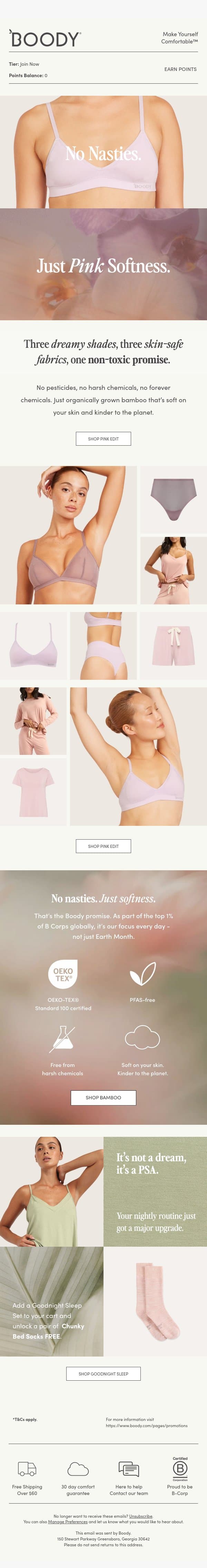 The Pink Edit. No Nasties this Earth Month 🩷🌍 email from Boody screenshot