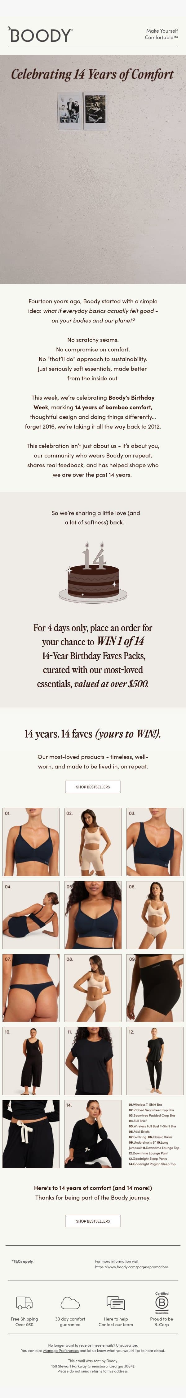 Celebrating 14 Years Of Comfort email from Boody screenshot