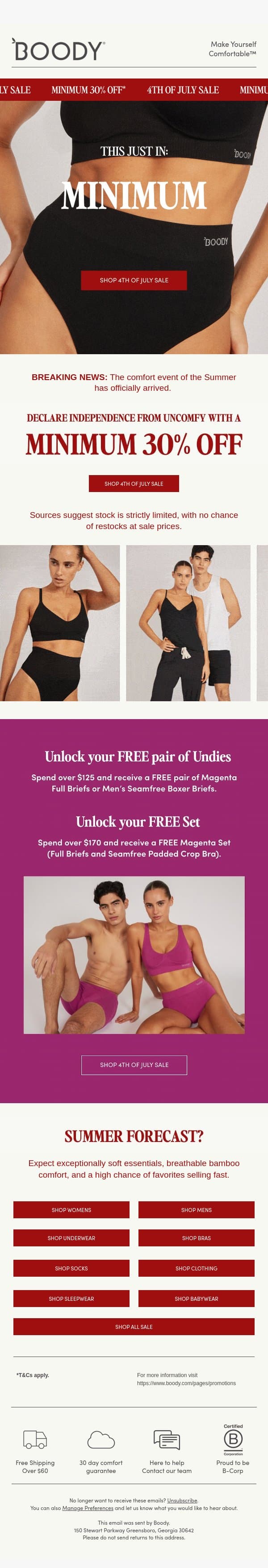 BREAKING: Minimum 30% Off* Sale Starts NOW email from Boody screenshot