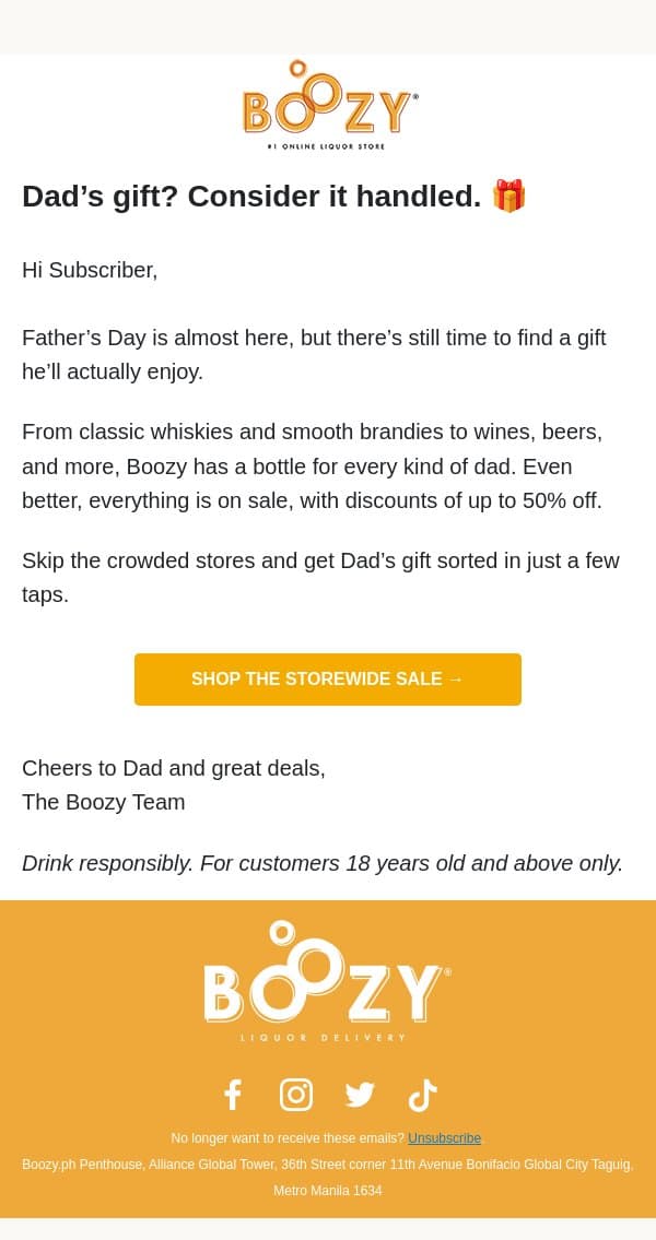 Still looking for Dad’s gift? 🥃 email from Boozy.ph screenshot