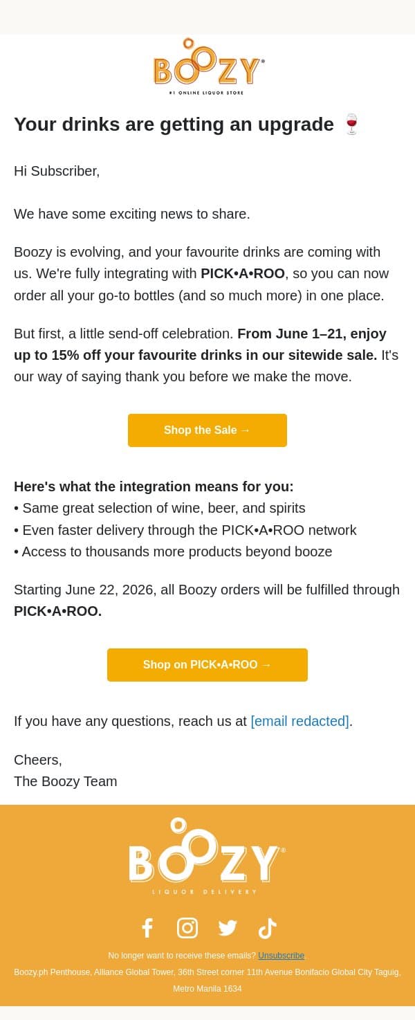 Boozy is evolving. And there's 15% off to celebrate. email from Boozy.ph screenshot