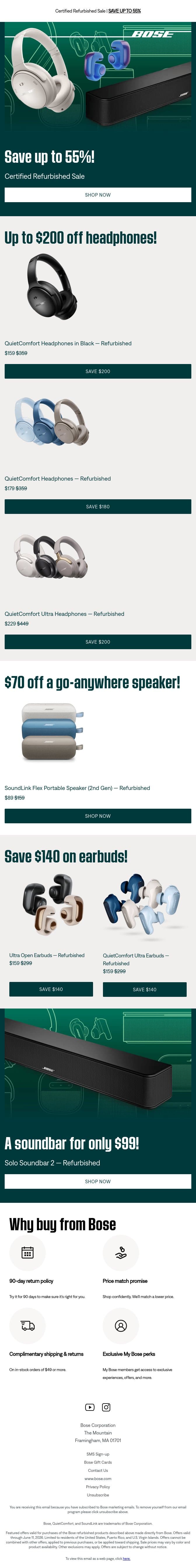 Get up to 55% off refurbished products! email from Bose screenshot