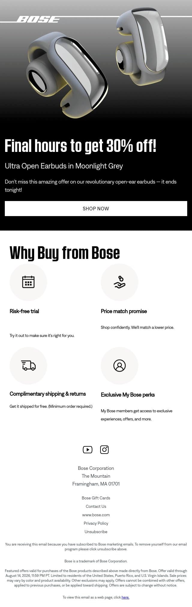 ⏰ Final hours to save 30% on Ultra Open Earbuds! email from Bose screenshot
