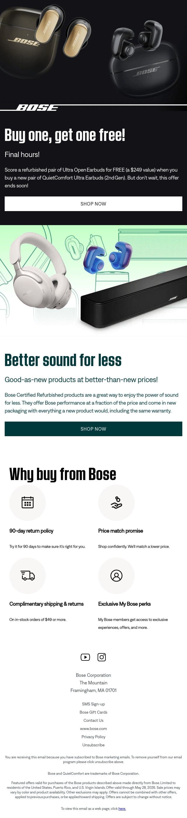 Final hours: BOGO earbuds offer email from Bose screenshot