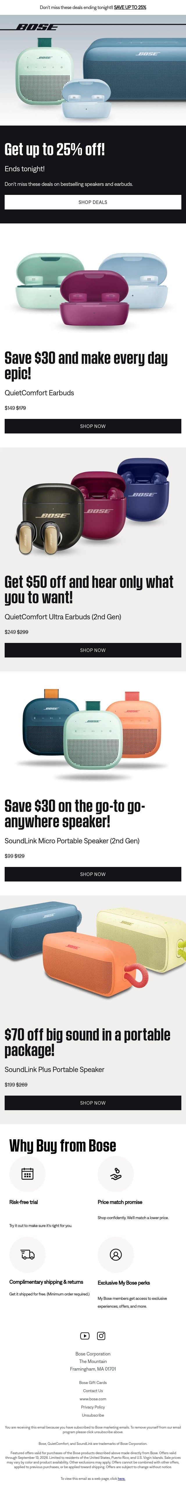 ENDS TONIGHT: Up to 25% off! email from Bose screenshot