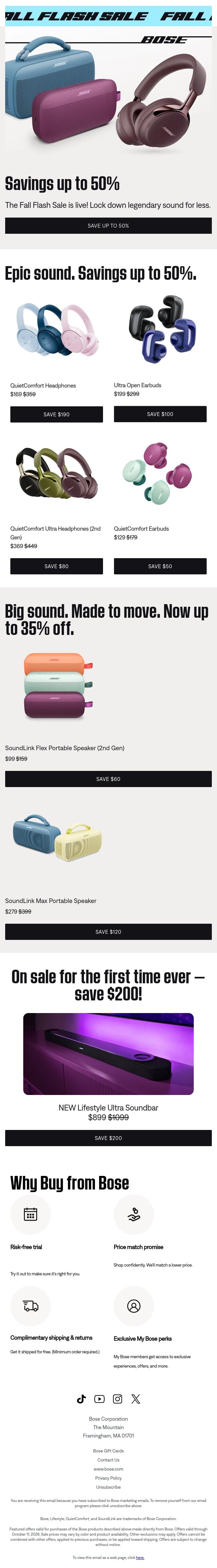 STARTS NOW: Save up to 50% during our Fall Flash Sale! email from Bose screenshot