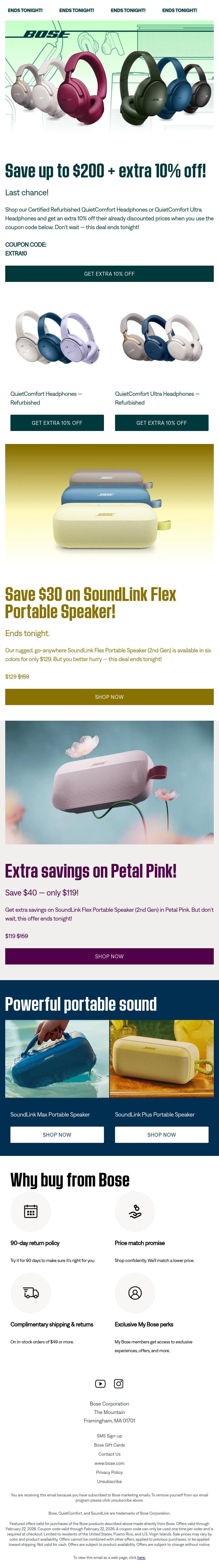 Ends tonight: extra 10% off refurbished headphones! email from Bose screenshot