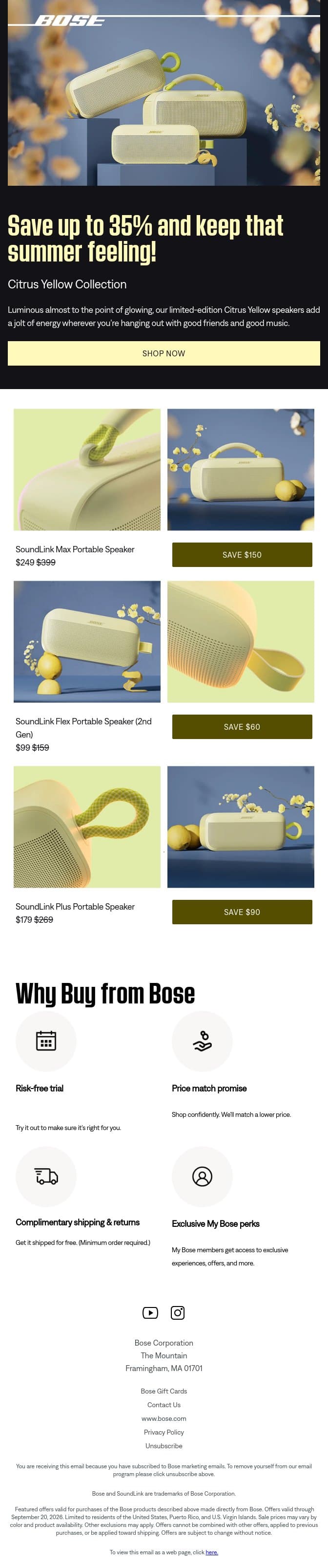 Save up to 35% on Citrus Yellow speakers! email from Bose screenshot