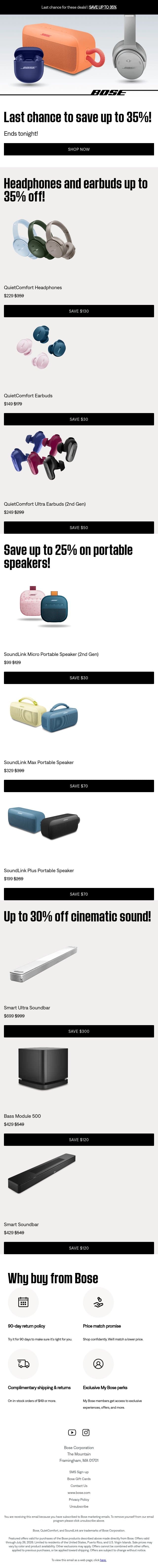 ENDS TONIGHT: up to 35% off! email from Bose screenshot