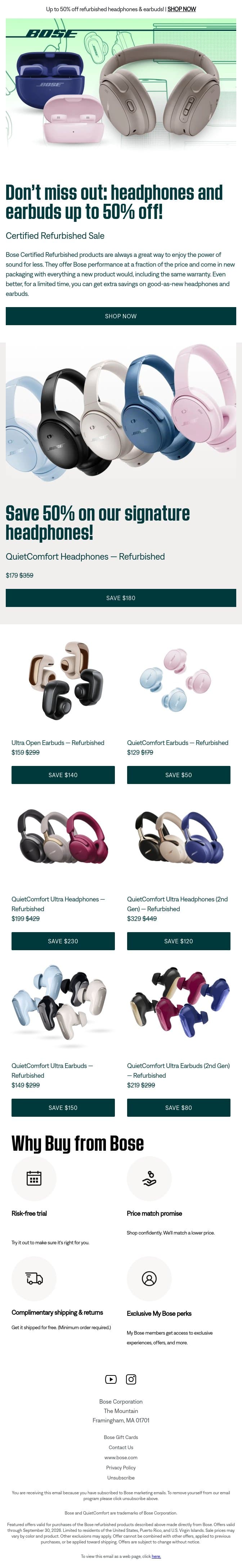 Save up to 50% on refurbished headphones & earbuds! email from Bose screenshot
