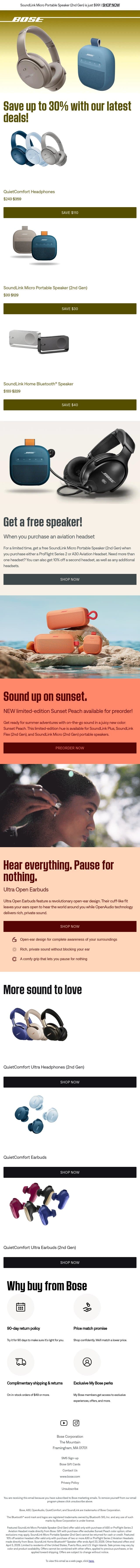 Save up to 30% when you shop the latest Bose deals! email from Bose screenshot