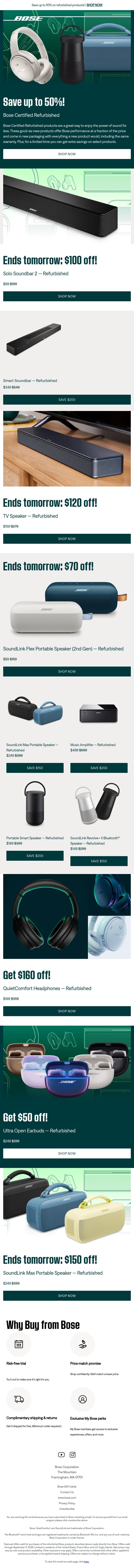 Save up to 50%! Refurbished deals end tomorrow! email from Bose screenshot