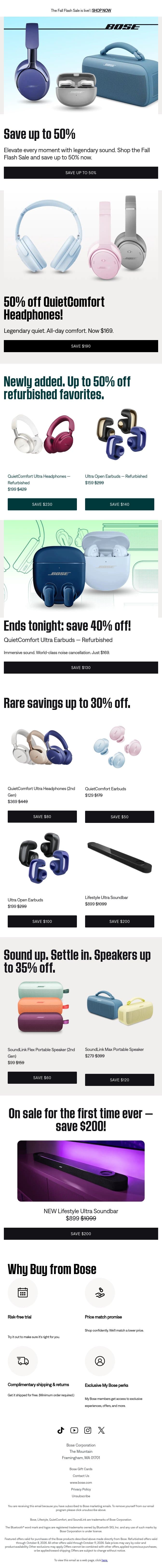 NEW deals added. Up to 50% off. email from Bose screenshot