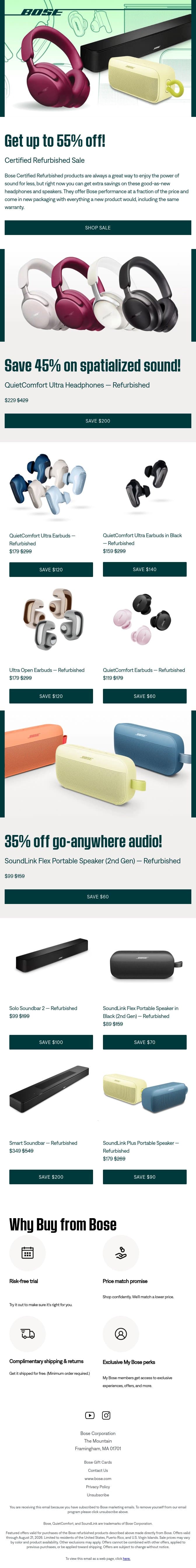 Get up to 55% off good-as-new products! email from Bose screenshot