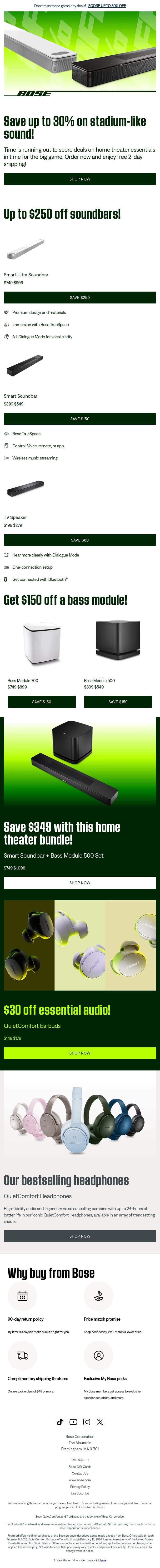 Save up to 30% in time for game day! email from Bose screenshot