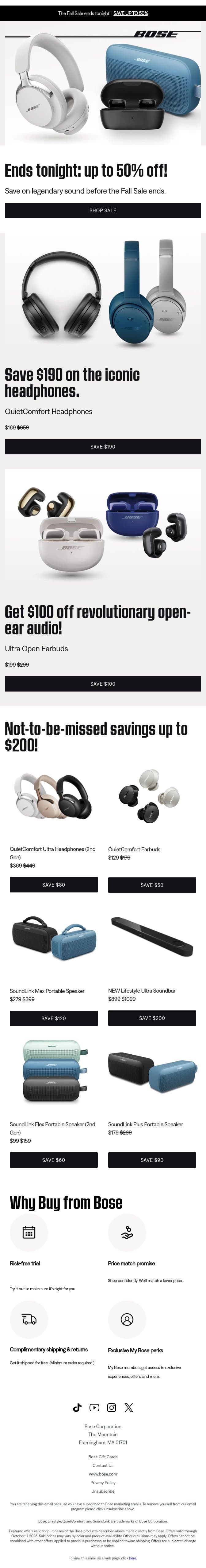 ENDS TONIGHT: save up to 50%! email from Bose screenshot