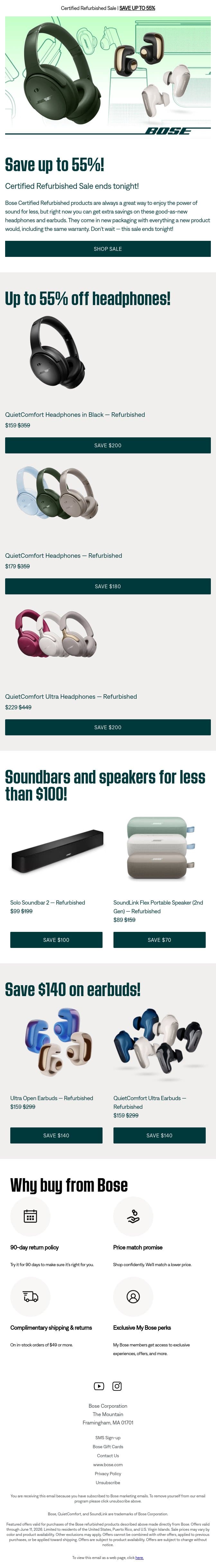 ENDS TONIGHT: Up to 55% off! email from Bose screenshot