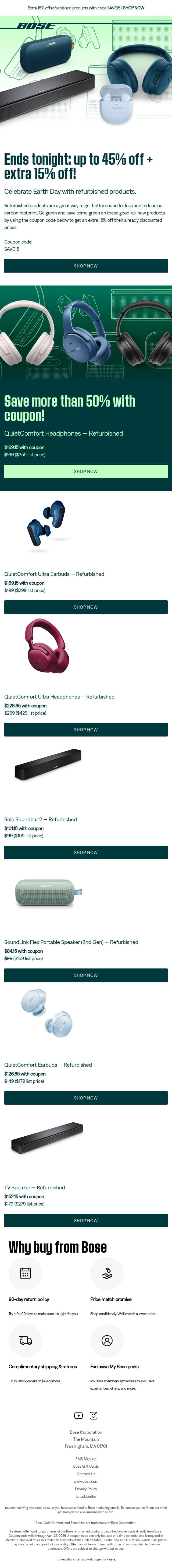 Ends tonight: up to 45% off + extra 15% off! email from Bose screenshot