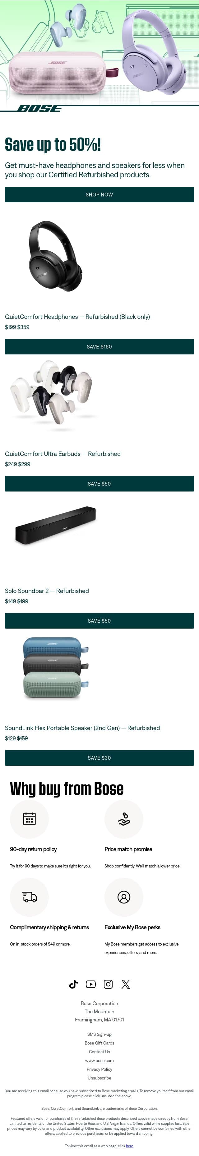 Get up to 50% off must-have sound! email from Bose screenshot