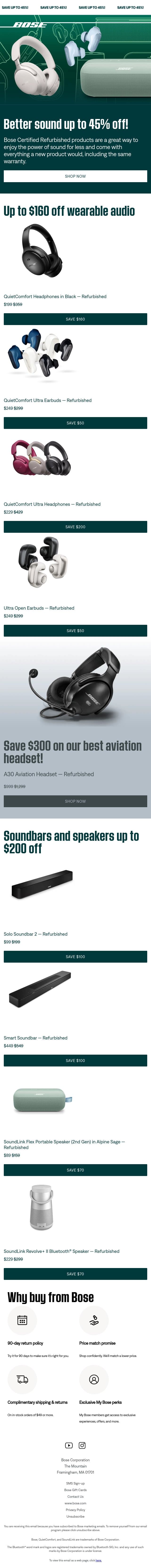 Save up to 45% on Certified Refurbished products! email from Bose screenshot