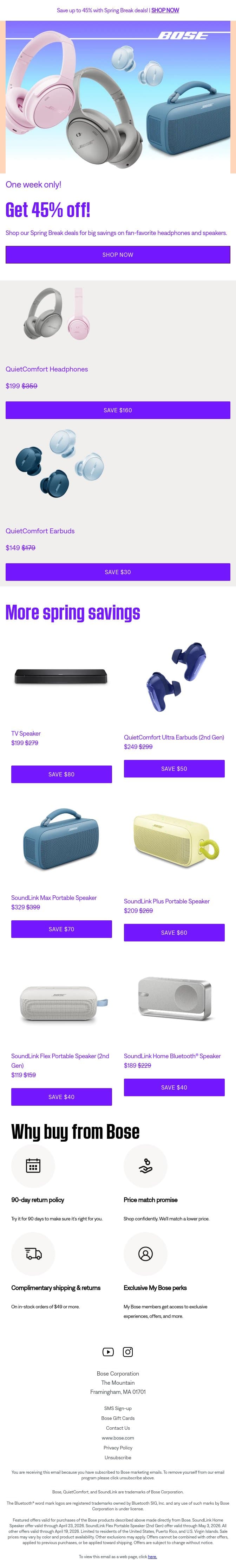 STARTS NOW: Save up to 45% with Spring Break deals! email from Bose screenshot