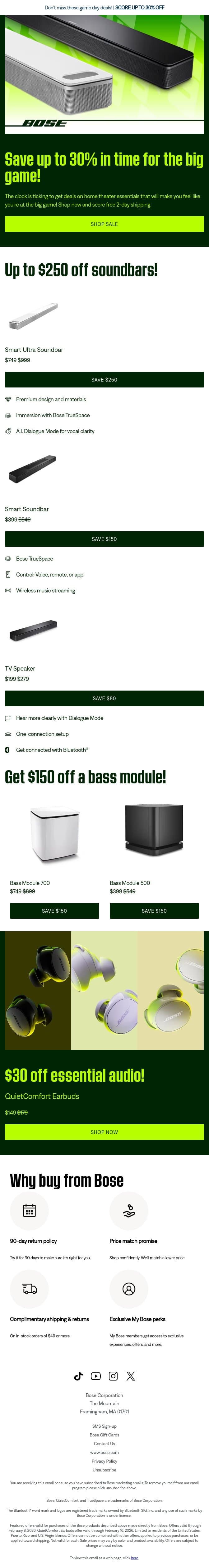 Hurry to save up to 30% on game day sound! email from Bose screenshot