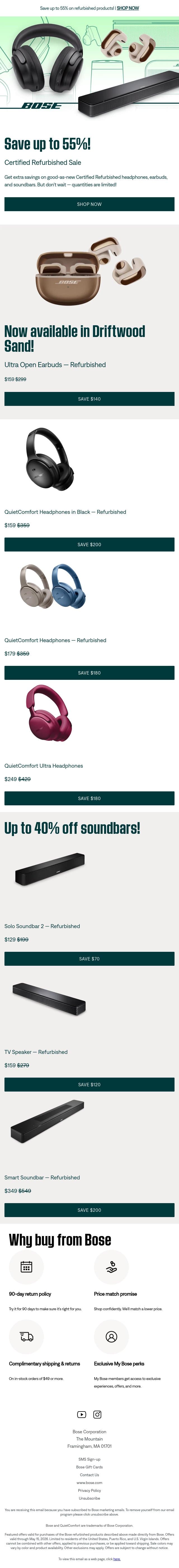 Save up to 55% during the Certified Refurbished Sale! email from Bose screenshot