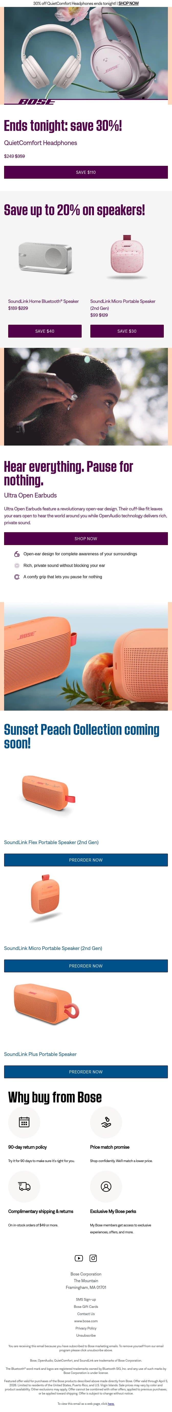 Ends tonight: 30% off QuietComfort Headphones! email from Bose screenshot
