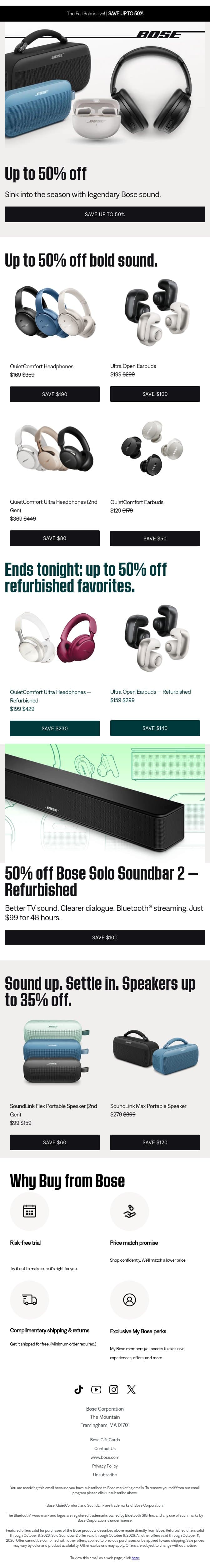 🍂 Up to 50% off. New sound starts here. email from Bose screenshot
