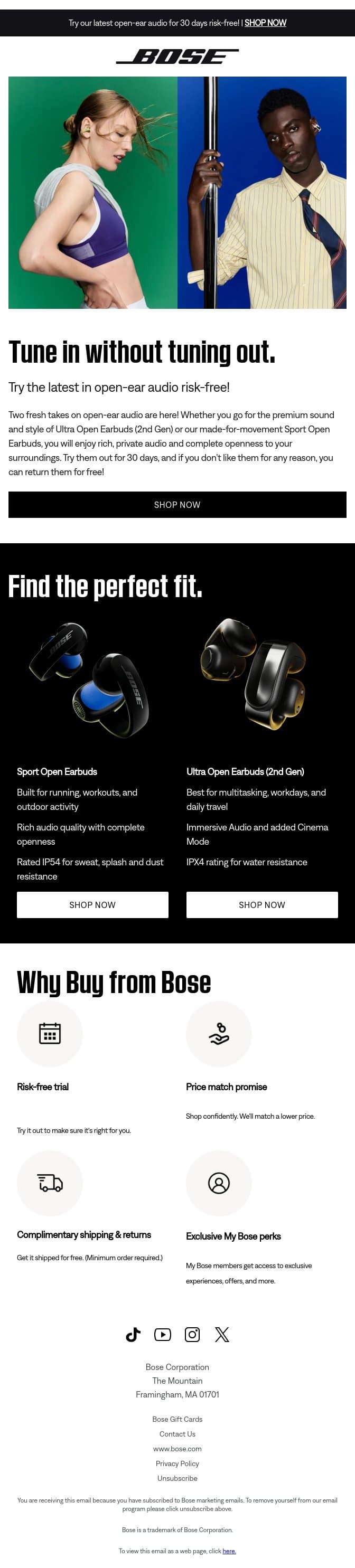 Try our new open-ear earbuds risk-free! email from Bose screenshot