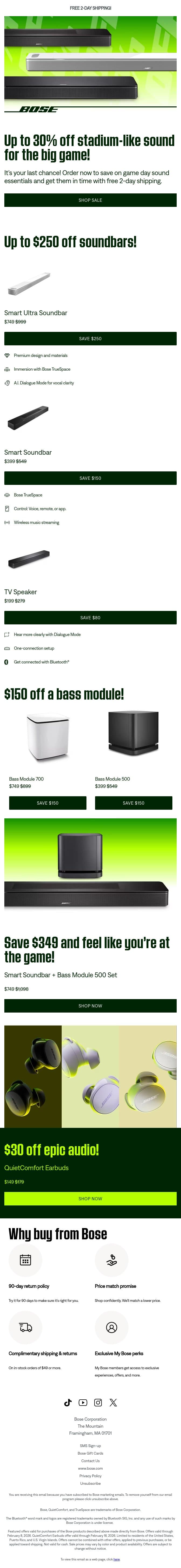 Last chance to get 30% off game day sound! email from Bose screenshot