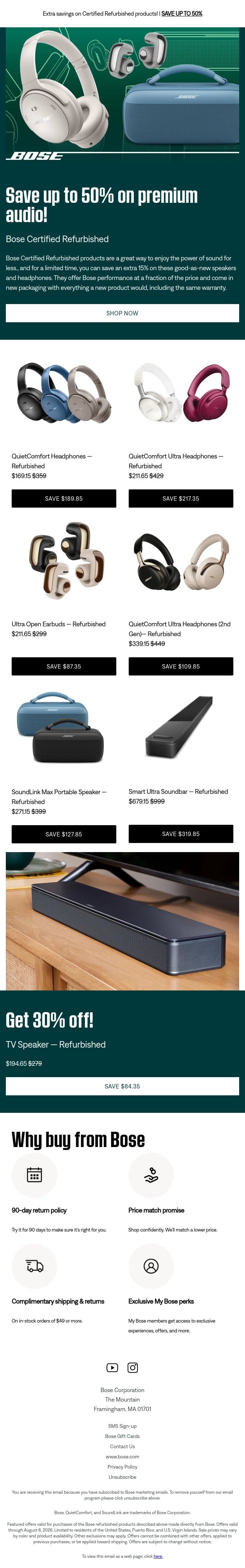 Save up to 50% on refurbished headphones & speakers! email from Bose screenshot