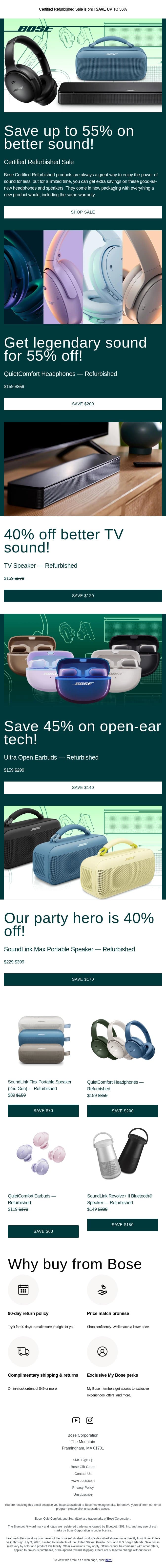 Up to 55% off refurbished products! email from Bose screenshot