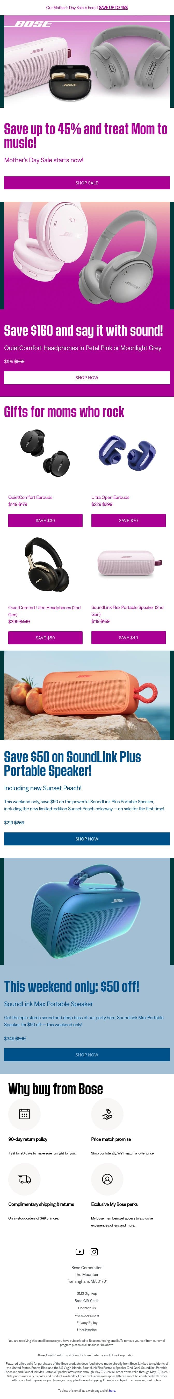 Get up to 45% off! Mother’s Day Sale STARTS NOW! email from Bose screenshot
