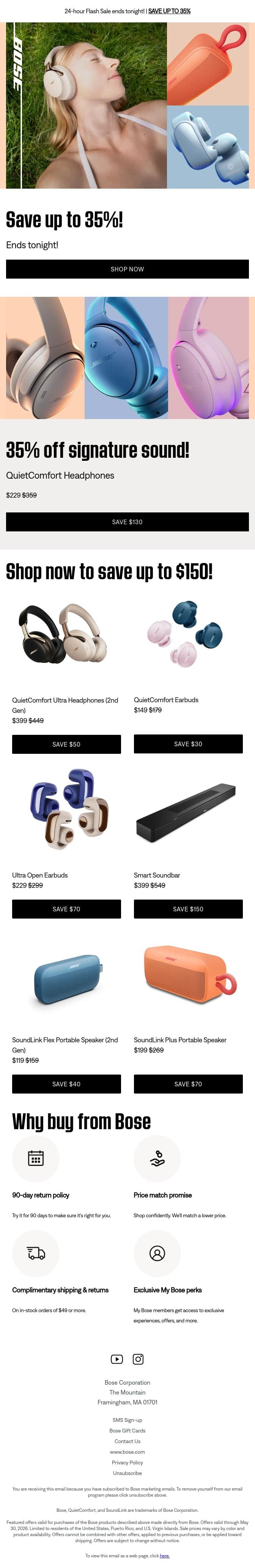 Ends tonight: up to 35% off! email from Bose screenshot