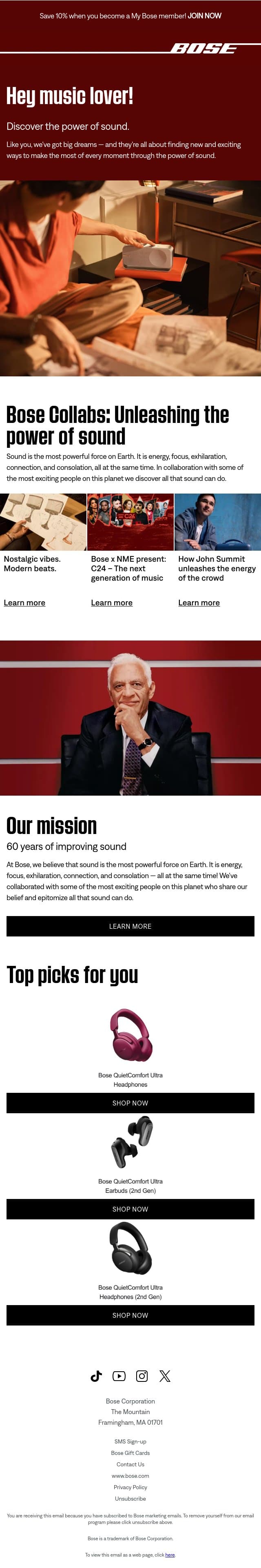 Connect with Bose & discover the power of sound. email from Bose screenshot