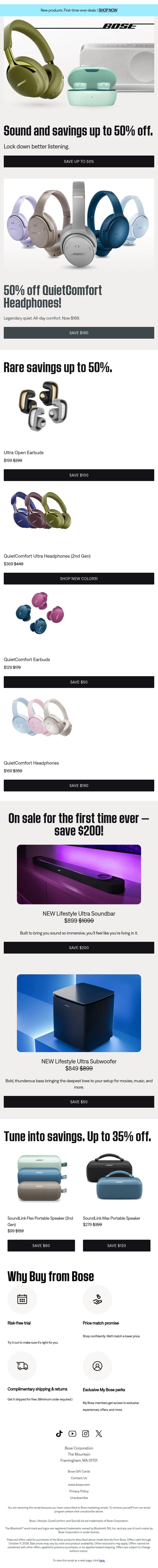UP TO 50% OFF + first-time-ever deals on new products! email from Bose screenshot