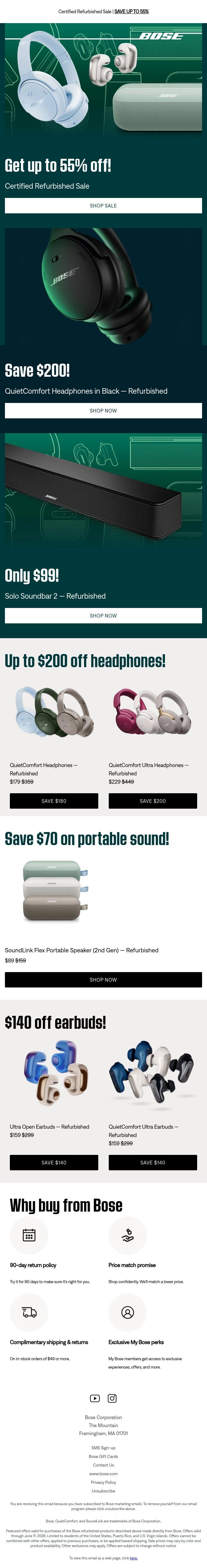 🔥 Save up to 55% on QuietComfort Headphones and more! email from Bose screenshot