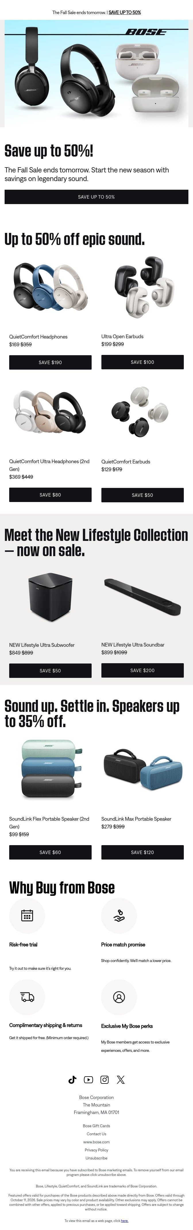 Up to 50% off ends tomorrow. email from Bose screenshot