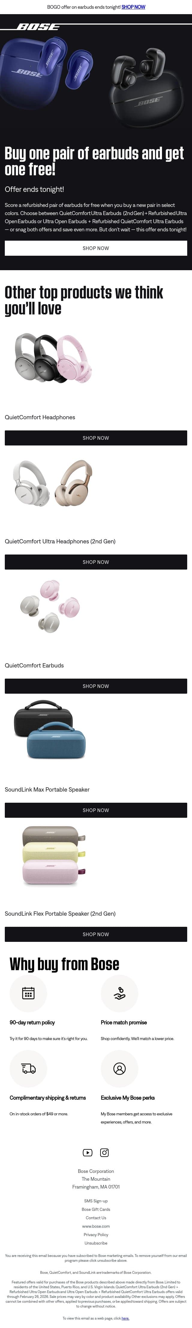 BOGO offer on earbuds (a $249 value) ends tonight! email from Bose screenshot