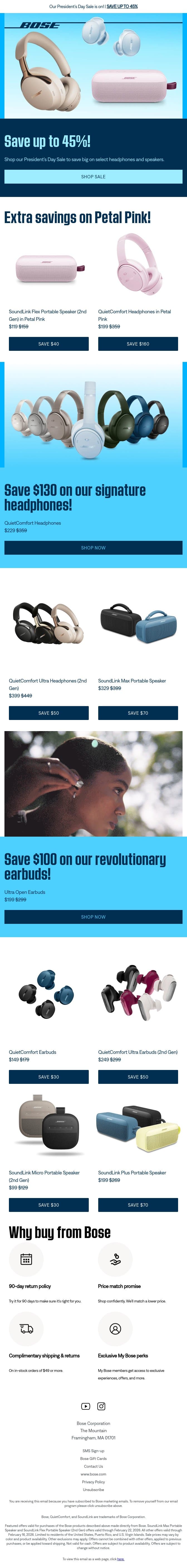 Get up to 45% off during our President’s Sale! email from Bose screenshot