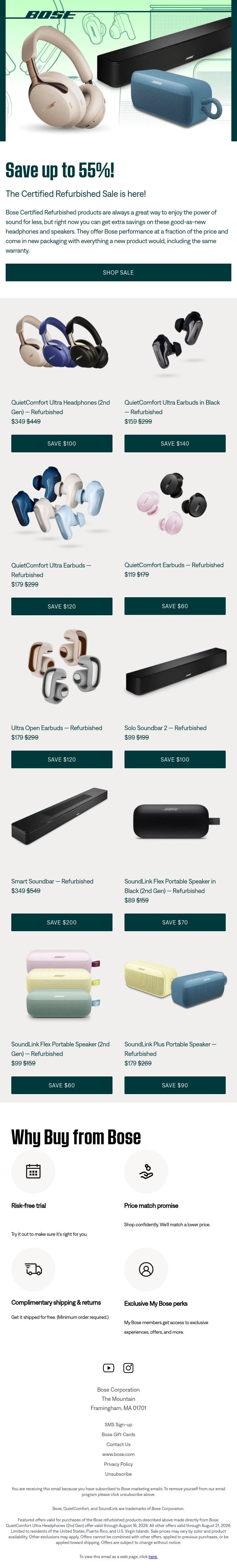 Save up to 55%! The Certified Refurbished Sale is on! email from Bose screenshot