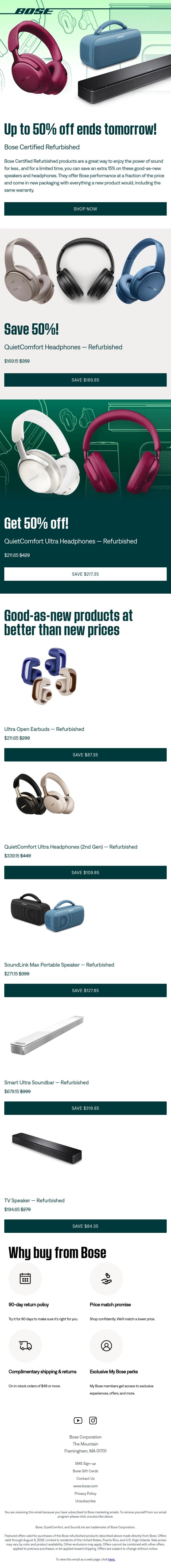 Ends tomorrow: up to 50% off! email from Bose screenshot