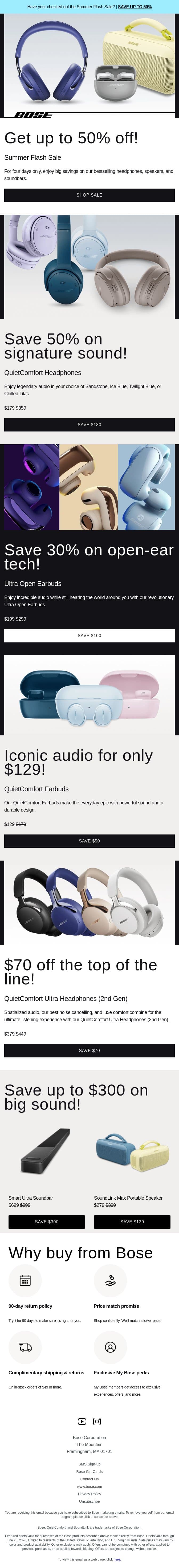 QuietComfort Headphones are 50% off & selling fast! email from Bose screenshot