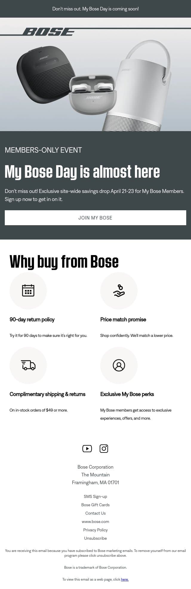 Don’t miss out. My Bose Day is coming soon! email from Bose screenshot