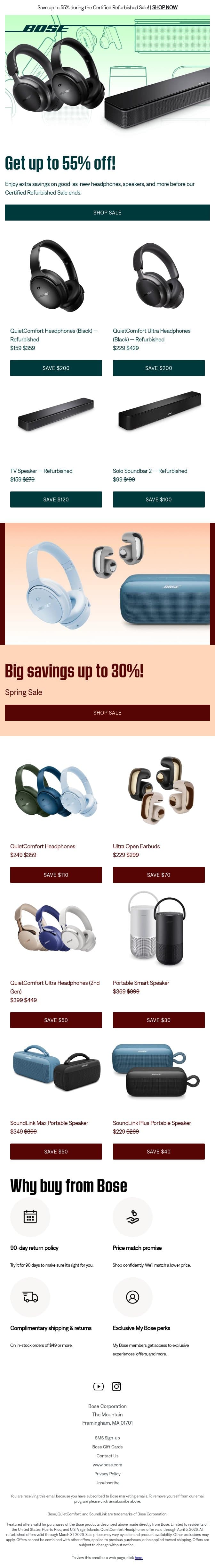 It’s on! Save up to 55% on refurbished products. email from Bose screenshot
