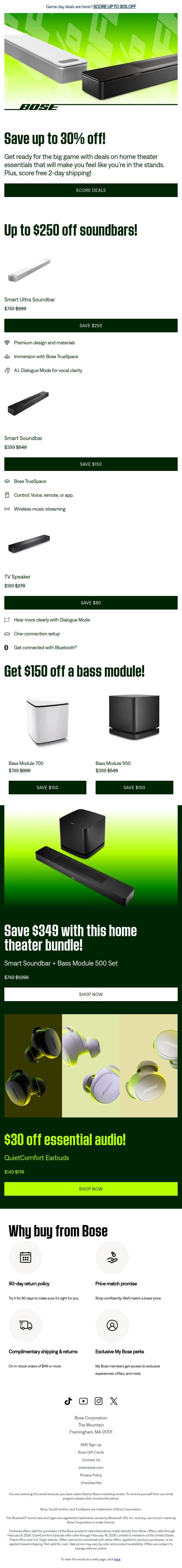 Save up to 30% on game day essentials! email from Bose screenshot
