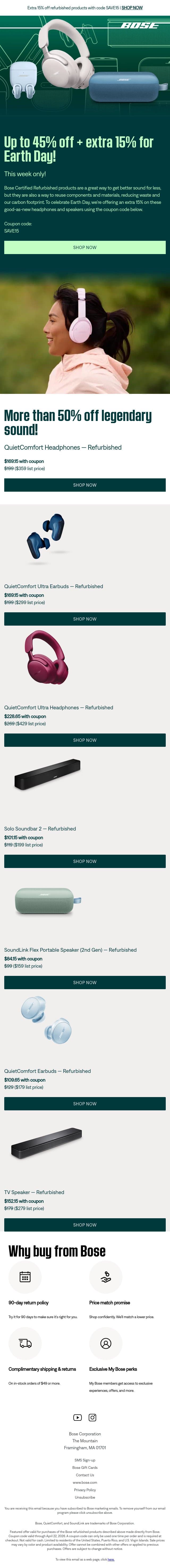 This week only: up to 45% + an extra 15% off! email from Bose screenshot